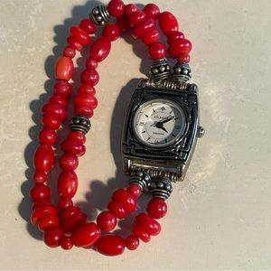 Soplada Designs watch, silver, red bead bracelet